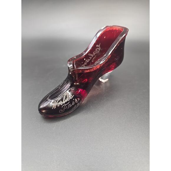 1934 Worlds Fair, Ruby Red Flash Hand Painted Clear Pressed Glass Slipper GLOWS - Picture 1 of 6